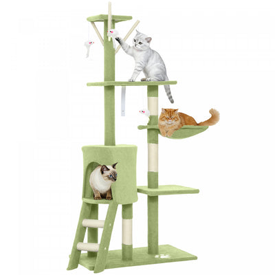PawHut Cat Tree, 53" Cat Tower for Indoor Kittens with Sisal Scratching Posts, Plush Perches, Condo, Hammock, Ladder, Dangling Toys, Multi-Level Kitty Activity Centre, Green