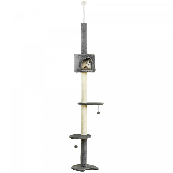 Pawhut Arbre A Chat A 4 Niveaux Du Sol Au Plafond, Grande Tour Pour Chat Avec Griffoir, Rembourrage En Peluche, Jouet Balle, Condo Pour Chat Pour Chats D'interieur, Gris Clair