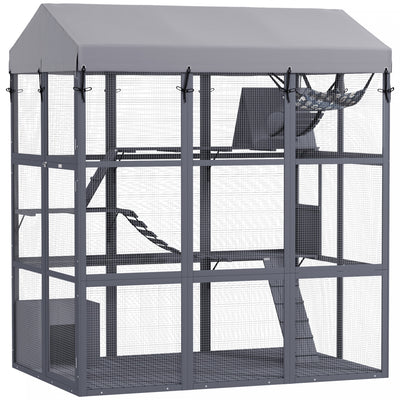 Pawhut Large Cat House With Anti-escape Floor, 81" H Wooden Catio Outdoor Cat Enclosure With Waterproof Cover, Walk In Door, Condo, Hammock, Ramp, Bridge, For 2-4 Cats
