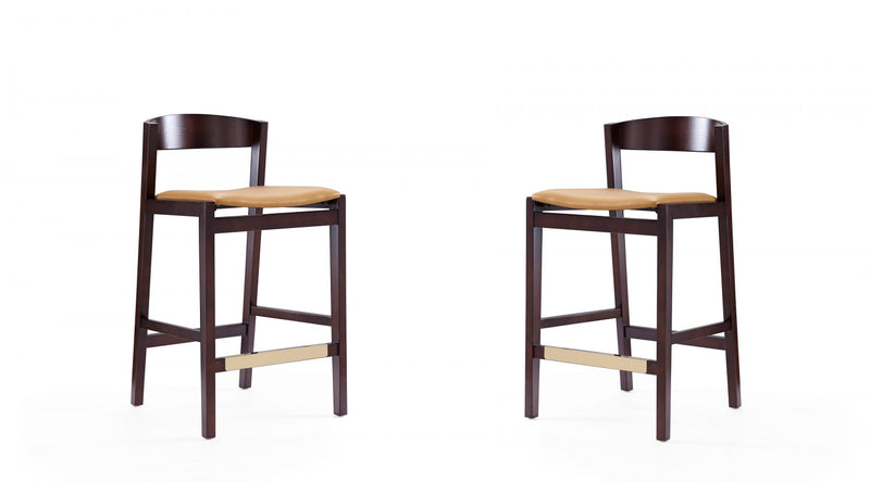 Tabouret de comptoir en bois rembourre style Klismos mi-siecle moderne couleur camel - Lot de 2
