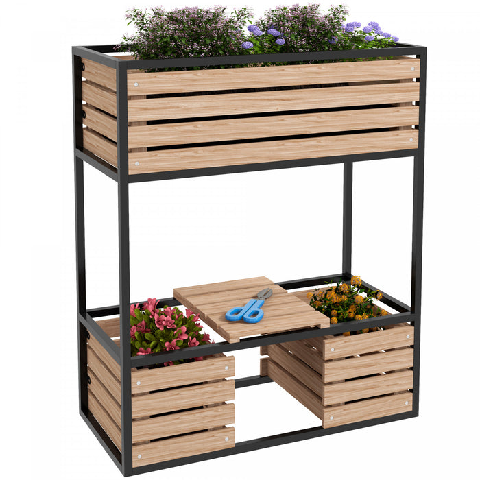 Outsunny Lit De Jardin Sureleve A 2 Niveaux, Jardiniere Surelevee Avec Etagere De Rangement, Support Pour Plantes En Bois Pour Fleurs, Legumes, Herbes, Marron Clair