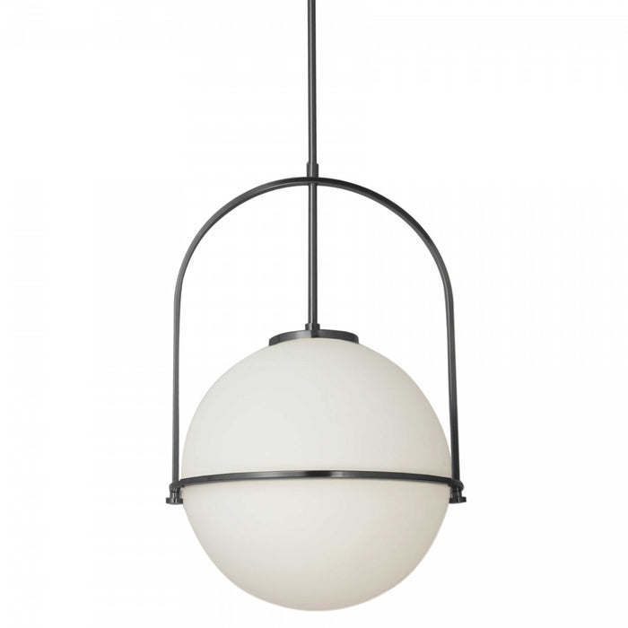 Grand luminaire suspendu Paola de Dainolite en verre blanc opale, avec fini noir mat et 1 ampoule