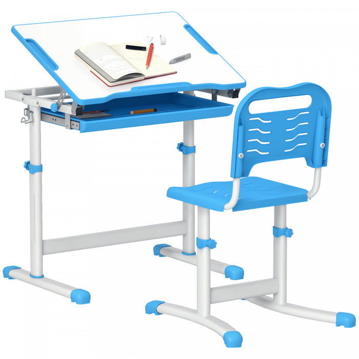Qaba Ensemble Bureau Et Chaise Pour Enfants Reglable Bureau Inclinable Bleu
