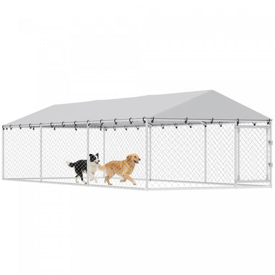 PawHut Outdoor Dog Kennel Dog Run with Waterproof, UV Resistant Cover, Double Secure Locks for Small, Medium and Large Sized Dogs, 19.7' x 7.5' x 4.9', Silver