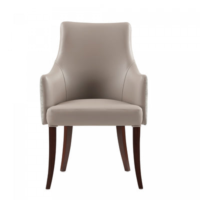 Connie Modern Wood Vegan Leather and Velvet Armchair in Taupe | Fauteuil moderne Connie en bois, cuir vegetalien et velours taupe