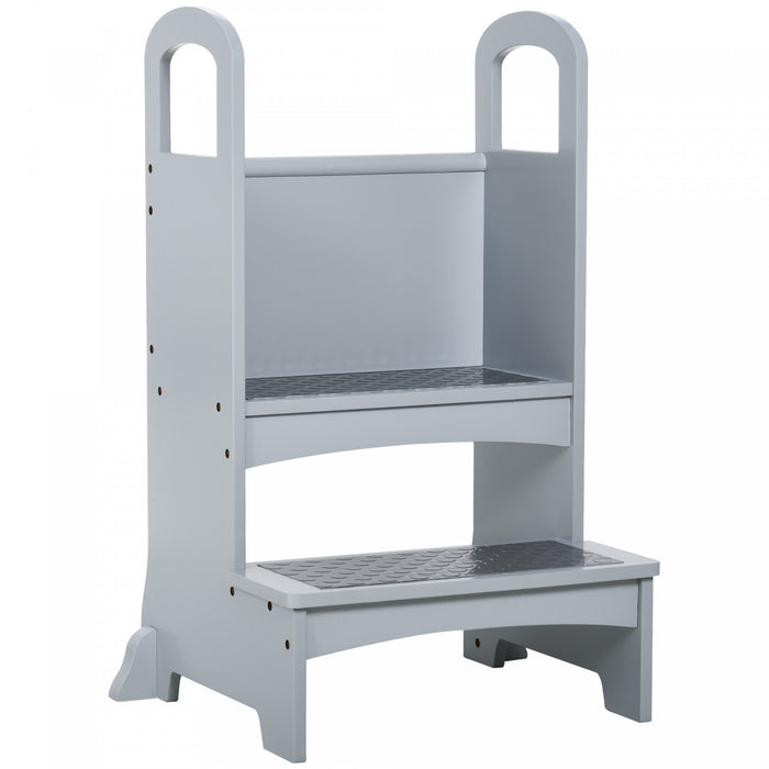 Qaba Marchepied Avec 2 Marches, Poignees De Soutien Et Marchepied Antiderapant En Bois Dur Pour Adultes, Enfants Et Tout-petits, Repose-pieds Pour Aide De Cuisine, Gris
