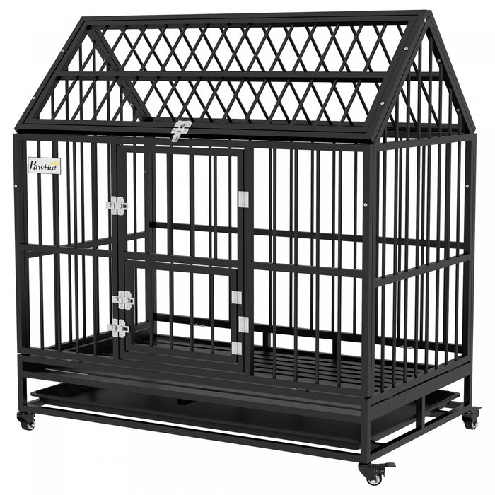 Pawhut Cage Pour Chien Robuste En Metal De 49\" Avec Plateau Amovible, Portes, Toit Ouvrant, Roues, Pour Chiens De Grande Et Tres Grande Taille, Noir