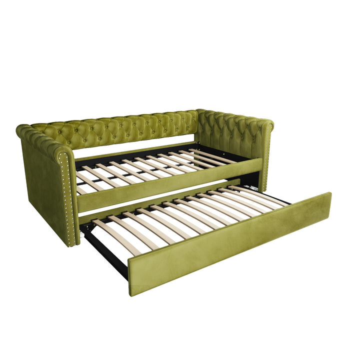 La Sophia Daybed avec design capitonne, revetement en tissu, lit d'appoint avec trundle et dossier confortable, couleur verte