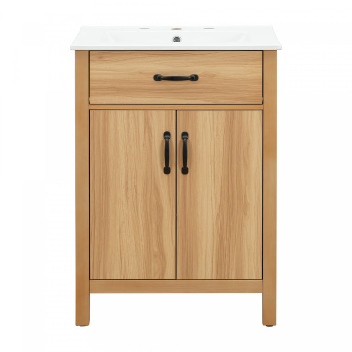 Meuble de salle de bain en bois moderne Nolan 24 pouces avec lavabo ceramique et rangement, brun