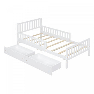 Emma – Lit Plateforme en Bois avec Barrieres de Protection et Tiroirs de Rangement, Format Simple - Blanc