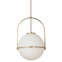 Grand luminaire suspendu Paola de Dainolite en verre blanc opale, avec fini laiton vieilli et 1 ampoule