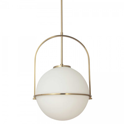 Dainolite Paola 1 Light Pendant Large Aged Brass White Opal Glass Lamp|Grand luminaire suspendu Paola de Dainolite en verre blanc opale, avec fini laiton vieilli et 1 ampoule