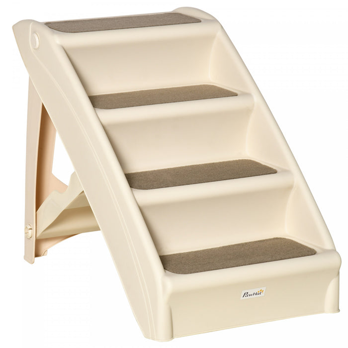 Pawhut Escalier Portable A 4 Niveaux Pour Animaux, Rampe Pliable Pour Chiens, Escaliers Pour Chats, Avec Tapis Antiderapant Lavable Et Amovible, Pour Lit Haut, Canape, Jusqu'a 44 Lbs, Beige.