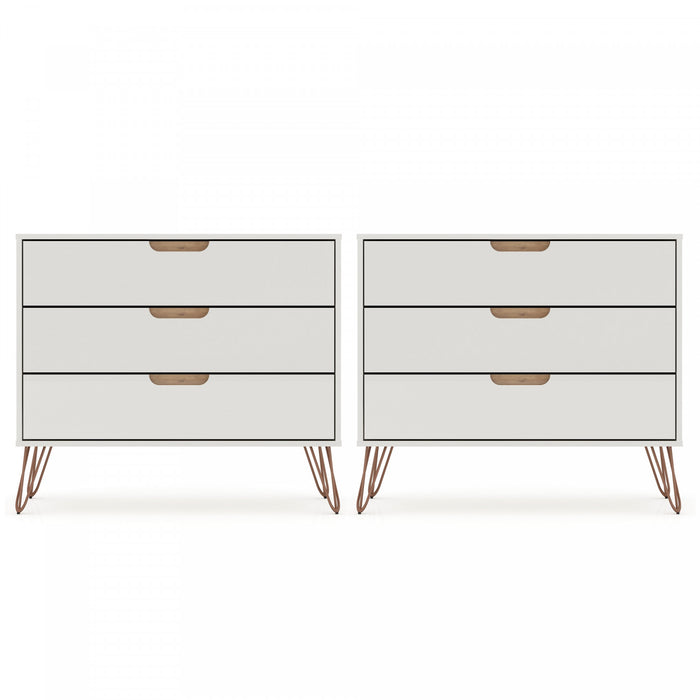 Commode Rockefeller Mid-Century Modern 89 cm en blanc casse (3 tiroirs) – Lot de 2