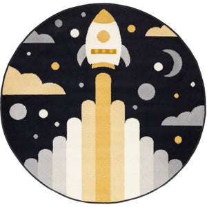 Carpette ronde Forte à motif de vaisseau spatial pour enfants - 5 pi 3 po x 5 pi 3 po