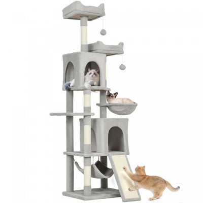 PawHut Cat Tree, 70" Multi-Level Cat Tower for Indoor with 2 Condos, 2 Plush Top Perches, Hammock, Platforms, Toy Balls, Sisal Scratching Posts and Board, Light Grey