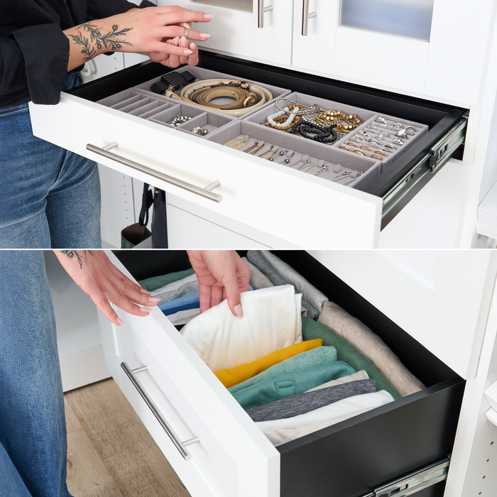 Système de pièce-penderie en forme de U modulaire Florence de Bestar de 113 po avec éclairages à DEL, tringles, tablettes, tiroirs et portes de style Shaker - blanc