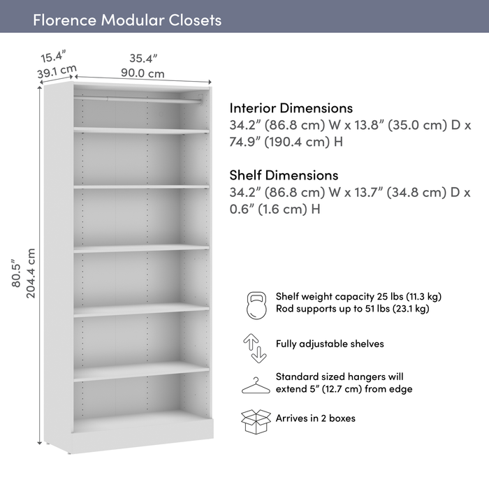 Système de garde-robe et pièce-penderie modulaire Florence de Bestar de 35 po avec tablettes - blanc