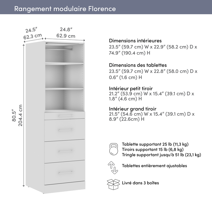 Système de tour garde-robe et pièce-penderie modulaire Florence de Bestar de 25 po avec éclairage à DEL, tablettes et 4 tiroirs de style lisse - blanche