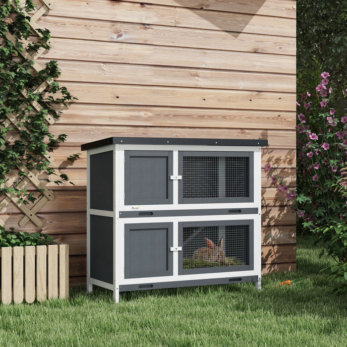 Pawhut Clapier En Bois Pour Lapins, Habitat Pour Petits Animaux Avec Rampe, Plateau Amovible Et Toit Resistant Aux Intemperies, Interieur/exterieur, Gris