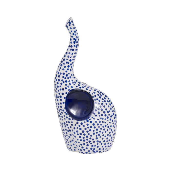 Éléphant étampé à la main de 11 po avec trompe vers le haut - bleu et blanc