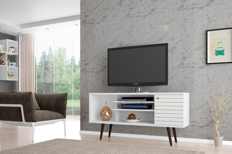 Meuble pour téléviseur Liberty de Manhattan Comfort de 53,14 po de style moderne du milieu du 20e siècle avec 5 tablettes et 1 porte - blanc et jaune
