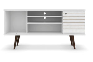 Meuble pour téléviseur Liberty de Manhattan Comfort de 53,14 po de style moderne du milieu du 20e siècle avec 5 tablettes et 1 porte - blanc et jaune