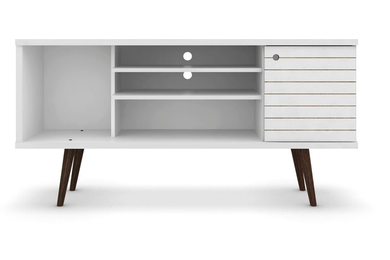Meuble pour téléviseur Liberty de Manhattan Comfort de 53,14 po de style moderne du milieu du 20e siècle avec 5 tablettes et 1 porte - blanc et jaune