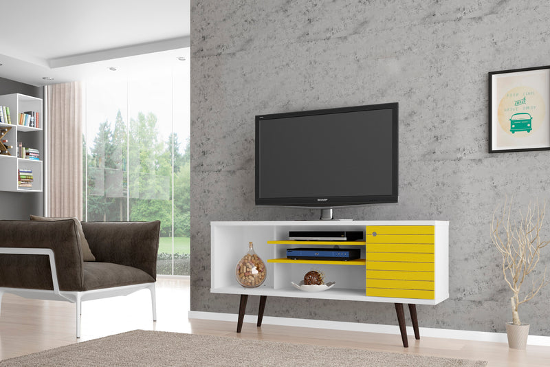 Meuble pour téléviseur Liberty de Manhattan Comfort de 53,14 po de style moderne du milieu du 20e siècle avec 5 tablettes et 1 porte - blanc et brun rustique