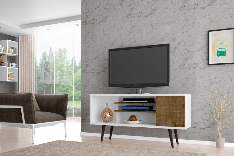Meuble pour téléviseur Liberty de Manhattan Comfort de 53,14 po de style moderne du milieu du 20e siècle avec 5 tablettes et 1 porte - blanc et brun
