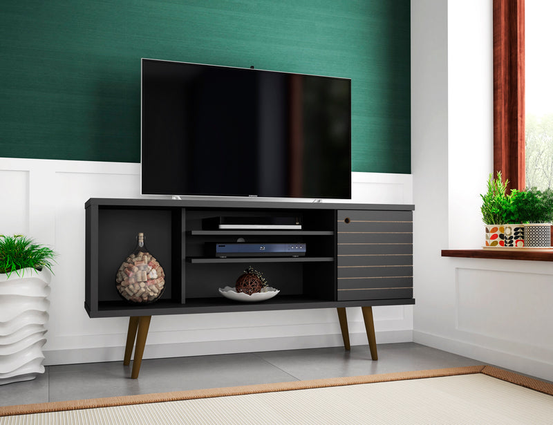 Meuble pour téléviseur Liberty de Manhattan Comfort de 53,14 po de style moderne du milieu du 20e siècle avec 5 tablettes et 1 porte - noir
