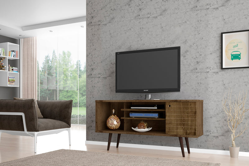 Meuble pour téléviseur Liberty de Manhattan Comfort de 53,14 po de style moderne du milieu du 20e siècle avec 5 tablettes et 1 porte - brun rustique et jaune
