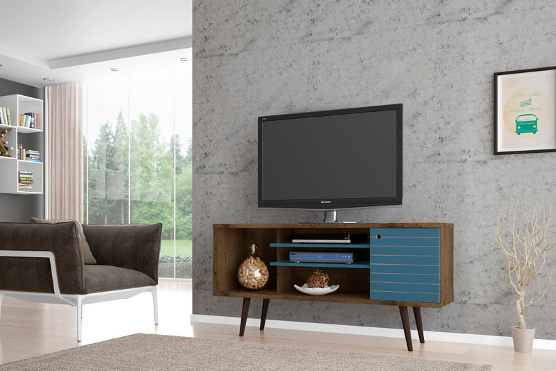 Meuble pour téléviseur Liberty de Manhattan Comfort de 53,14 po de style moderne du milieu du 20e siècle avec 5 tablettes et 1 porte - brun rustique
