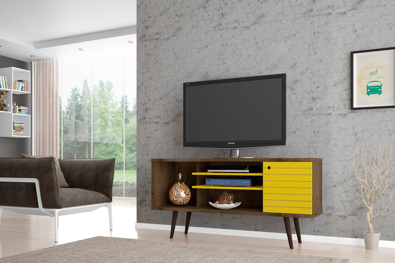 Meuble pour téléviseur Liberty de Manhattan Comfort de 53,14 po de style moderne du milieu du 20e siècle avec 5 tablettes et 1 porte - brun rustique et blanc