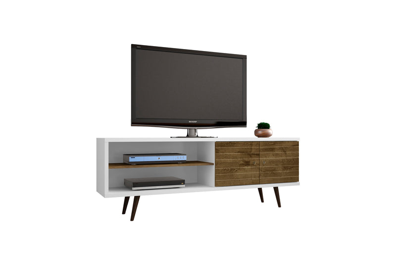Meuble pour téléviseur Liberty de Manhattan Comfort de 62,99 po de style moderne du milieu du 20e siècle avec 3 tablettes et 2 portes - blanc et brun