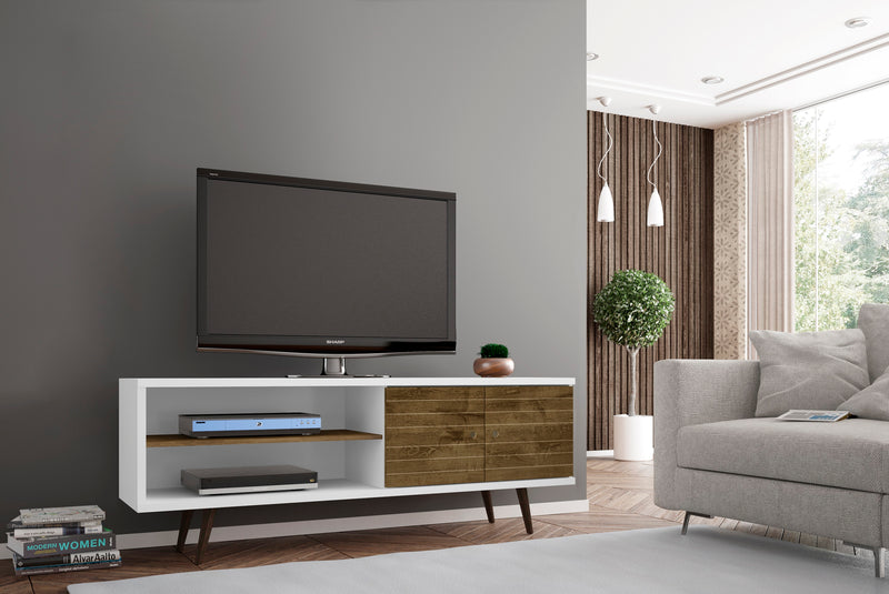 Meuble pour téléviseur Liberty de Manhattan Comfort de 62,99 po de style moderne du milieu du 20e siècle avec 3 tablettes et 2 portes - blanc et brun