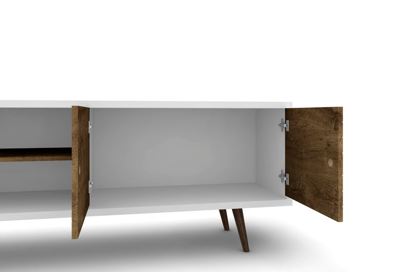 Meuble pour téléviseur Liberty de Manhattan Comfort de 62,99 po de style moderne du milieu du 20e siècle avec 3 tablettes et 2 portes - blanc et brun