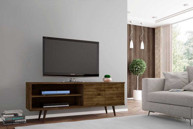 Meuble pour téléviseur Liberty de Manhattan Comfort de 62,99 po de style moderne du milieu du 20e siècle avec 3 tablettes et 2 portes - brun rustique et jaune