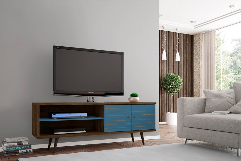 Meuble pour téléviseur Liberty de Manhattan Comfort de 62,99 po de style moderne du milieu du 20e siècle avec 3 tablettes et 2 portes - brun rustique