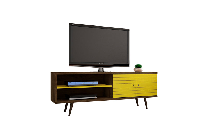 Meuble pour téléviseur Liberty de Manhattan Comfort de 62,99 po de style moderne du milieu du 20e siècle avec 3 tablettes et 2 portes - brun rustique et blanc