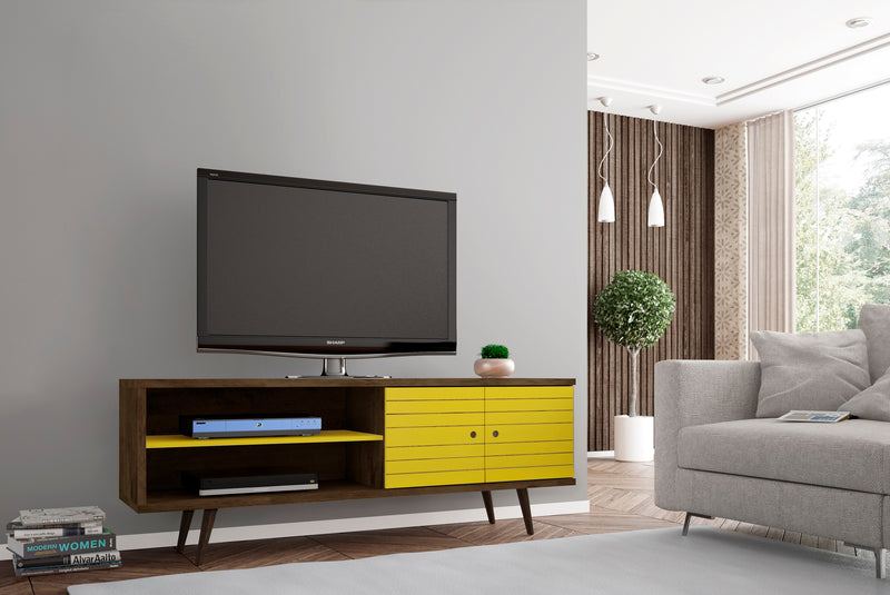 Meuble pour téléviseur Liberty de Manhattan Comfort de 62,99 po de style moderne du milieu du 20e siècle avec 3 tablettes et 2 portes - brun rustique et blanc