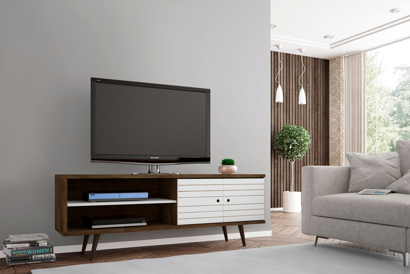 Meuble pour téléviseur Liberty de Manhattan Comfort de 62,99 po de style moderne du milieu du 20e siècle avec 3 tablettes et 2 portes - brun rustique et bleu turquoise