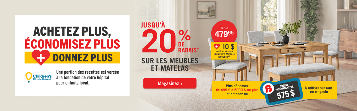 Buy more, save more, give more! Up to 20% Off Furniture & Mattresses at The Brick! Plus spend $499 to $5000+ and get up to $575 instant credit towards anything in the store! Shop Now!