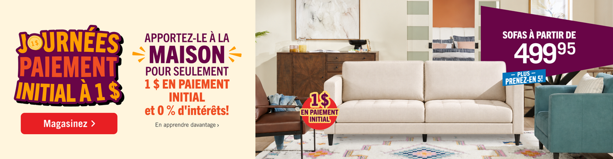 Dollar down days at The Brick! Take it home for only $1 down and 0% Interest! Sofas Starting at $499.95 Plus take 5 % OFF!