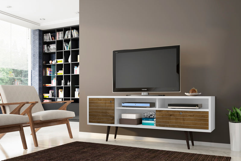 Meuble pour téléviseur Liberty de Manhattan Comfort de 70,86 po de style moderne du milieu du 20e siècle avec 4 espaces tablette et 1 tiroir - blanc et brun rustique