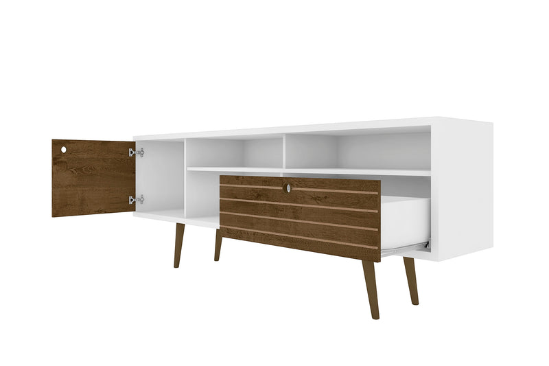 Meuble pour téléviseur Liberty de Manhattan Comfort de 70,86 po de style moderne du milieu du 20e siècle avec 4 espaces tablette et 1 tiroir - blanc et brun rustique