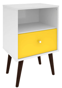 Table de nuit Liberty de Manhattan Comfort de style moderne du milieu du 20e siècle avec compartiment et tiroir - blanche et jaune