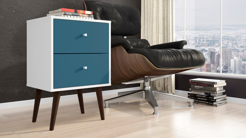 Table de nuit Liberty de Manhattan Comfort de style moderne du milieu du 20e siècle avec 2 tiroirs à extension complète - blanche et bleu turquoise