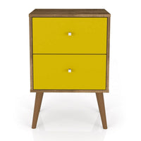 Table de nuit Liberty de Manhattan Comfort de style moderne du milieu du 20e siècle avec 2 tiroirs à extension complète - brun rustique et jaune