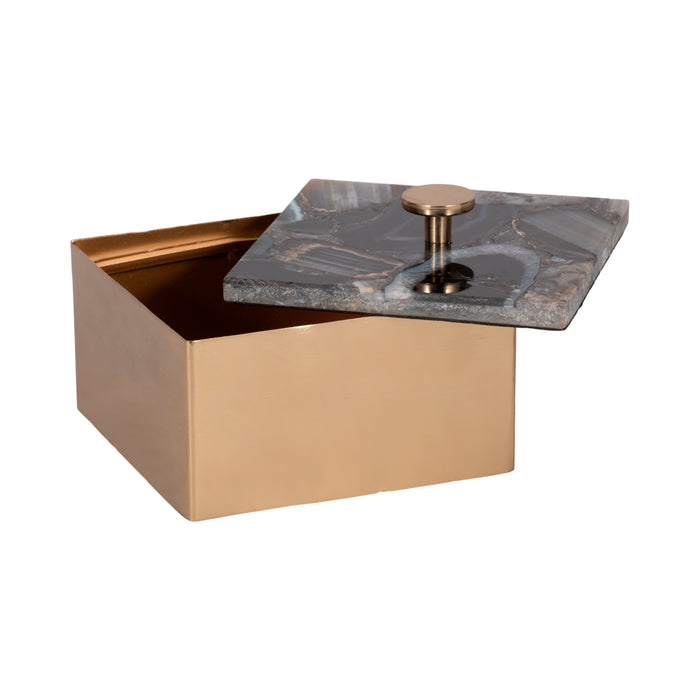 Boîte à babioles de 6 po en métal avec couvercle en agate - dorée et noire